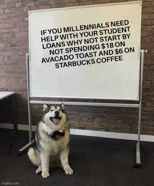 IT WOULD BE A GOOD START | image tagged in millennials,student loans,debt,pay your way | made w/ Imgflip meme maker