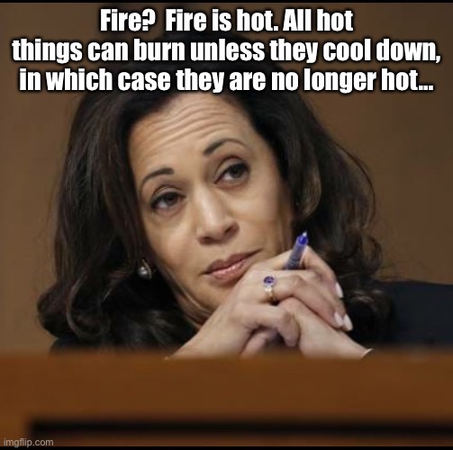 Kamala Harris  | Fire?  Fire is hot. All hot things can burn unless they cool down, in which case they are no longer hot… | image tagged in kamala harris | made w/ Imgflip meme maker