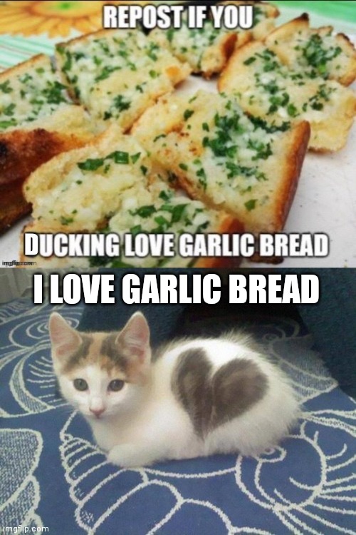 I LOVE GARLIC BREAD | image tagged in repost,cute cat heart | made w/ Imgflip meme maker