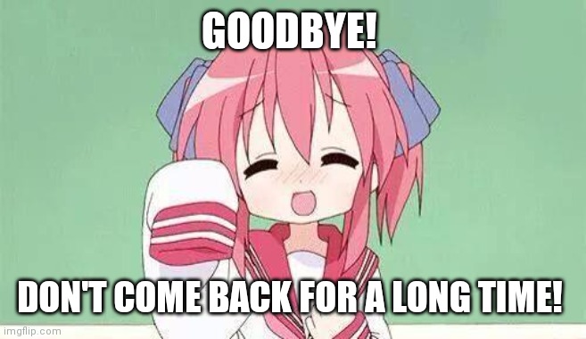 Anime waving | GOODBYE! DON'T COME BACK FOR A LONG TIME! | image tagged in anime waving | made w/ Imgflip meme maker