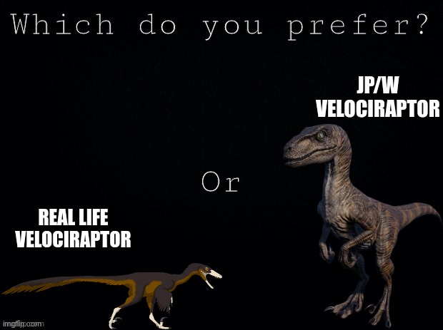 Which Velociraptor would you prefer | JP/W VELOCIRAPTOR; REAL LIFE VELOCIRAPTOR | image tagged in which do you prefer,jurassic park,jurassic world,dinosaur,velociraptor | made w/ Imgflip meme maker