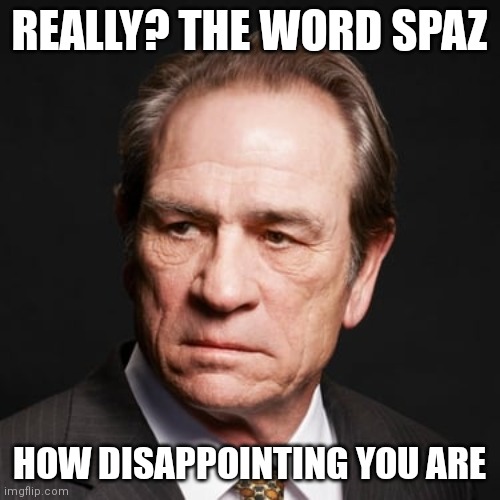 Tommy | REALLY? THE WORD SPAZ; HOW DISAPPOINTING YOU ARE | image tagged in dissapointed | made w/ Imgflip meme maker