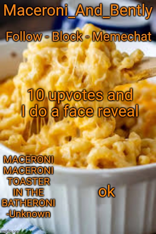 Maceroni temp | 10 upvotes and I do a face reveal; ok | image tagged in maceroni temp | made w/ Imgflip meme maker