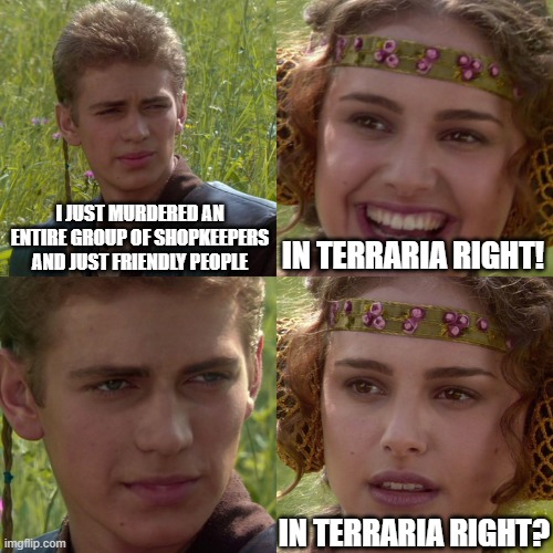 In terraria right? | I JUST MURDERED AN ENTIRE GROUP OF SHOPKEEPERS AND JUST FRIENDLY PEOPLE; IN TERRARIA RIGHT! IN TERRARIA RIGHT? | image tagged in anakin padme 4 panel,terraria,murder | made w/ Imgflip meme maker