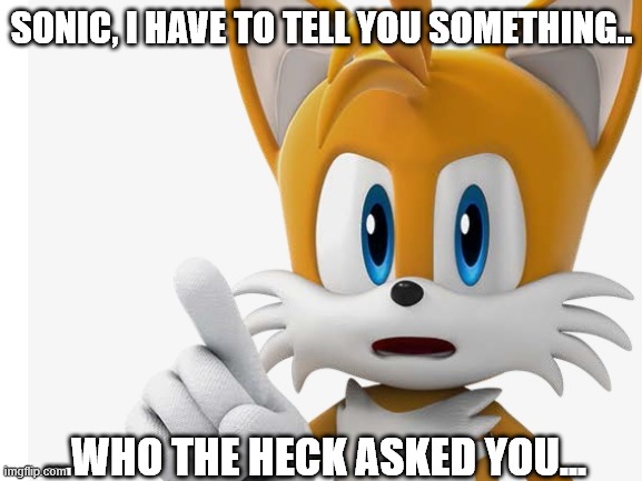 " hey tails, i got a chili dog. " | SONIC, I HAVE TO TELL YOU SOMETHING.. ...WHO THE HECK ASKED YOU... | image tagged in sonic the hedgehog | made w/ Imgflip meme maker