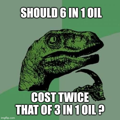 Only On Sundays | SHOULD 6 IN 1 OIL; COST TWICE THAT OF 3 IN 1 OIL ? | image tagged in memes,philosoraptor,tuesday,fat girl running,toronto blue jays,bogo | made w/ Imgflip meme maker