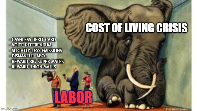 Labor | COST OF LIVING CRISIS; - CASHLESS DEBIT CARD
- VOICE REFERENDUM
- SLIGHTLY LESS EMISSIONS
- DISMANTLE  ABCC
- REWARD BIG SUPER MATES
- REWARD UNION MATES; LABOR | image tagged in elephant in the room | made w/ Imgflip meme maker
