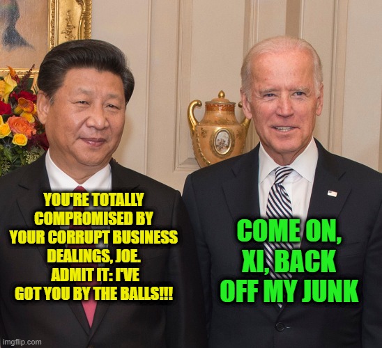 Biden Crime Family Fights Back | YOU'RE TOTALLY COMPROMISED BY YOUR CORRUPT BUSINESS DEALINGS, JOE.  ADMIT IT: I'VE GOT YOU BY THE BALLS!!! COME ON, XI, BACK OFF MY JUNK | image tagged in joe biden,xi jinping,biden crime family | made w/ Imgflip meme maker