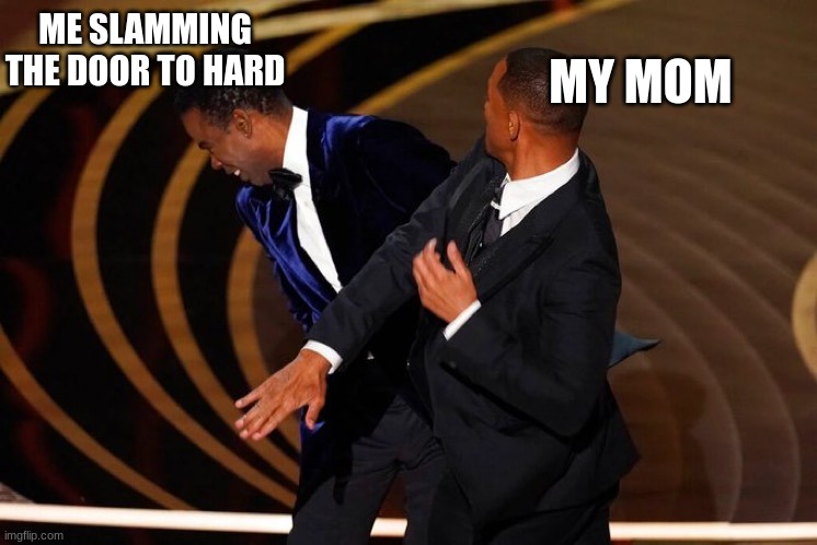 Will Smith Slap |  ME SLAMMING THE DOOR TO HARD; MY MOM | image tagged in will smith slap | made w/ Imgflip meme maker