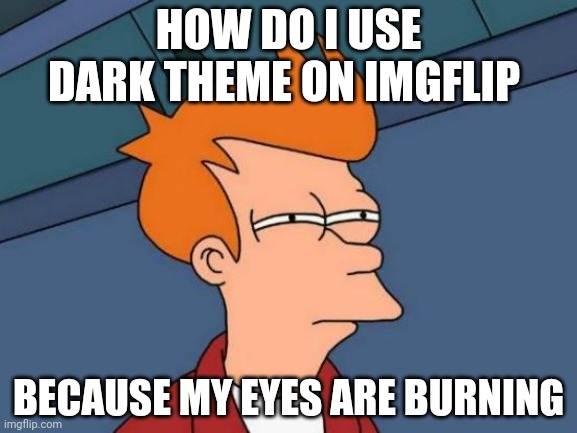 Help | HOW DO I USE DARK THEME ON IMGFLIP; BECAUSE MY EYES ARE BURNING | image tagged in memes,futurama fry | made w/ Imgflip meme maker