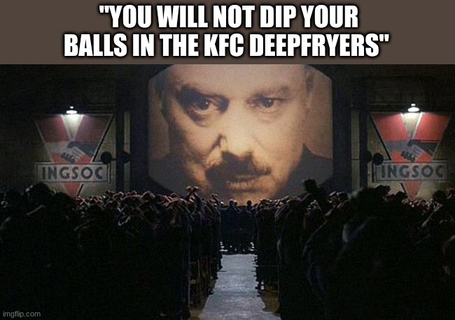 1984 | "YOU WILL NOT DIP YOUR BALLS IN THE KFC DEEPFRYERS" | image tagged in 1984 | made w/ Imgflip meme maker