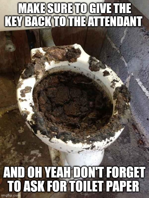 toilet | MAKE SURE TO GIVE THE KEY BACK TO THE ATTENDANT AND OH YEAH DON'T FORGET TO ASK FOR TOILET PAPER | image tagged in toilet | made w/ Imgflip meme maker