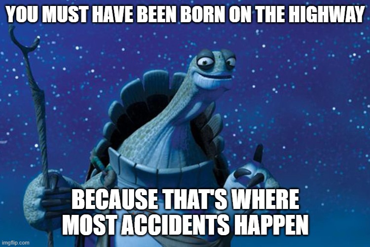 Master Oogway highway Meme | YOU MUST HAVE BEEN BORN ON THE HIGHWAY; BECAUSE THAT'S WHERE MOST ACCIDENTS HAPPEN | image tagged in master oogway | made w/ Imgflip meme maker