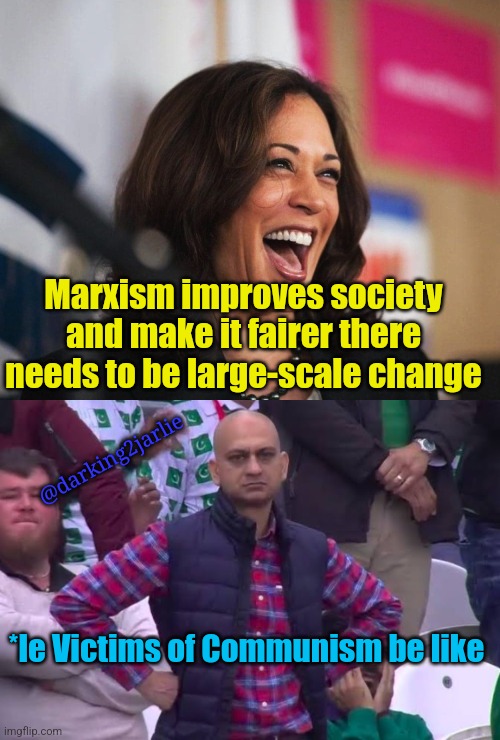 Societal Change | Marxism improves society and make it fairer there needs to be large-scale change; @darking2jarlie; *le Victims of Communism be like | image tagged in cackling kamala harris,disappointed man,marxism,communism,genocide,commies | made w/ Imgflip meme maker