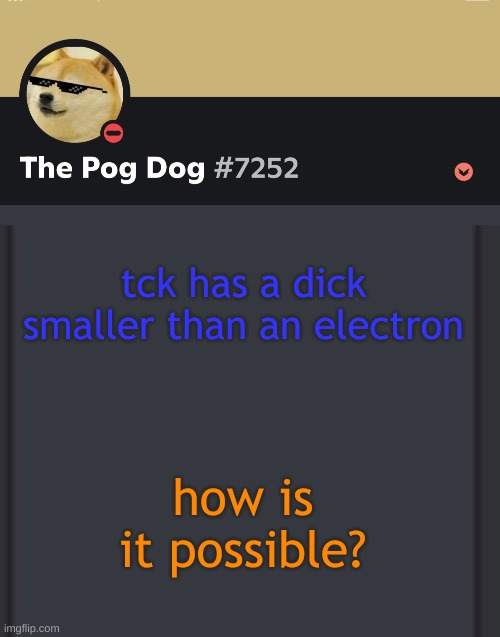 (this is le epic doggo, not the undertaker) | tck has a dick smaller than an electron; how is it possible? | image tagged in epic doggos epic discord temp | made w/ Imgflip meme maker