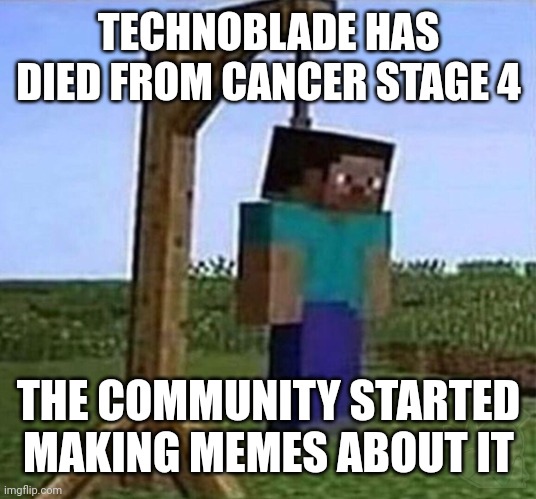 Technoblade has died from cancer stage 4 |  TECHNOBLADE HAS DIED FROM CANCER STAGE 4; THE COMMUNITY STARTED MAKING MEMES ABOUT IT | image tagged in hang myself,memes,funny,technoblade,sad | made w/ Imgflip meme maker