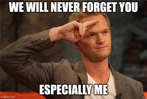 Barney Stinson Salute | WE WILL NEVER FORGET YOU ESPECIALLY ME | image tagged in barney stinson salute | made w/ Imgflip meme maker