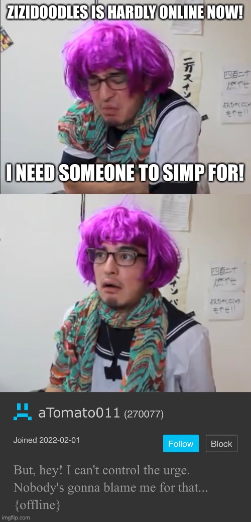 Msmg simps in a nutshell | ZIZIDOODLES IS HARDLY ONLINE NOW! I NEED SOMEONE TO SIMP FOR! | made w/ Imgflip meme maker