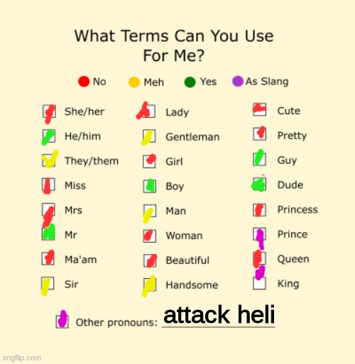Pronouns Sheet | attack heli | image tagged in pronouns sheet | made w/ Imgflip meme maker