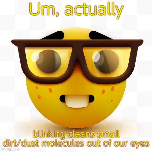Nerd emoji | Um, actually blinking cleans small dirt/dust molecules out of our eyes | image tagged in nerd emoji | made w/ Imgflip meme maker