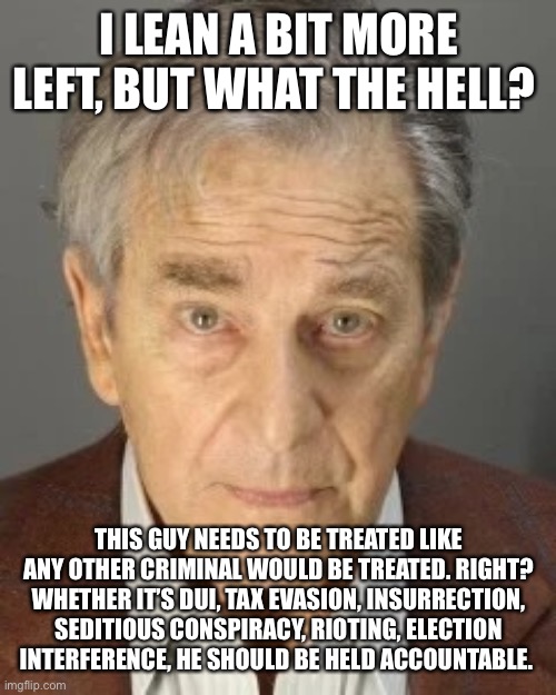 PAUL PELOSI | I LEAN A BIT MORE LEFT, BUT WHAT THE HELL? THIS GUY NEEDS TO BE TREATED LIKE ANY OTHER CRIMINAL WOULD BE TREATED. RIGHT? WHETHER IT’S DUI, TAX EVASION, INSURRECTION, SEDITIOUS CONSPIRACY, RIOTING, ELECTION INTERFERENCE, HE SHOULD BE HELD ACCOUNTABLE. | image tagged in paul pelosi | made w/ Imgflip meme maker