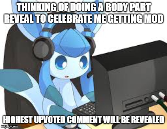 keep it SFW | THINKING OF DOING A BODY PART REVEAL TO CELEBRATE ME GETTING MOD; HIGHEST UPVOTED COMMENT WILL BE REVEALED | image tagged in gaming glaceon | made w/ Imgflip meme maker