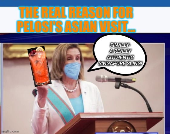 Drunk Nancy | THE REAL REASON FOR PELOSI'S ASIAN VISIT... FINALLY- A REALLY AUTHENTIC SINGAPORE SLING! | image tagged in fire,all,democrats | made w/ Imgflip meme maker