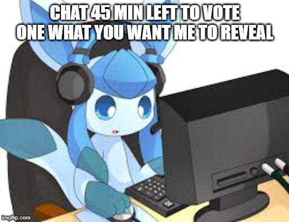 https://imgflip.com/i/6ovgg3 | CHAT 45 MIN LEFT TO VOTE ONE WHAT YOU WANT ME TO REVEAL | image tagged in gaming glaceon | made w/ Imgflip meme maker
