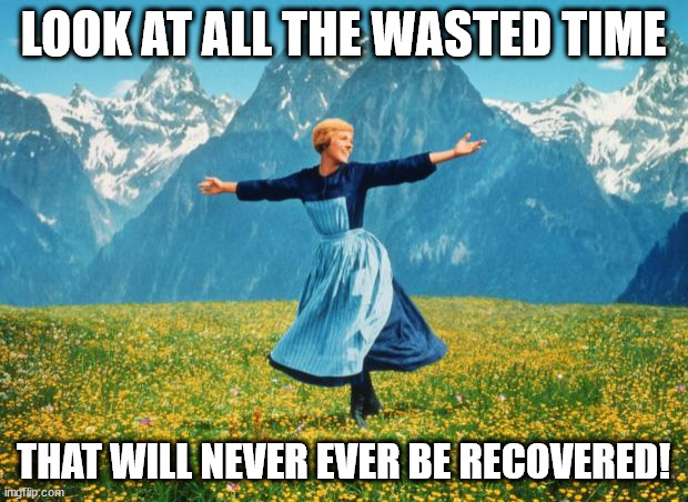 Look At All These (high-res) | LOOK AT ALL THE WASTED TIME; THAT WILL NEVER EVER BE RECOVERED! | image tagged in look at all these high-res,waste,wasted,time,recover,recovered | made w/ Imgflip meme maker