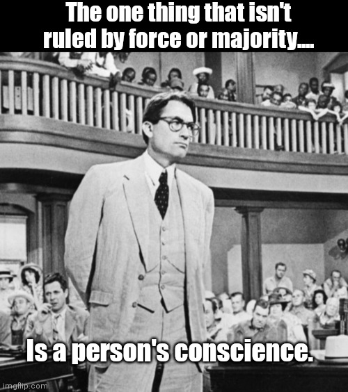 In Atticus I Trust | The one thing that isn't ruled by force or majority.... Is a person's conscience. | image tagged in funny | made w/ Imgflip meme maker