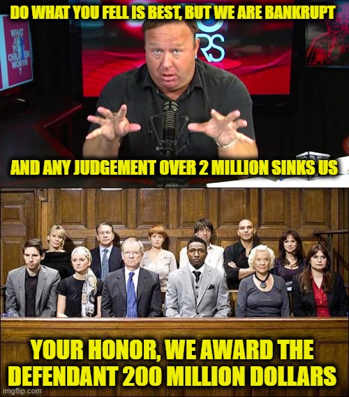 DO WHAT YOU FELL IS BEST, BUT WE ARE BANKRUPT AND ANY JUDGEMENT OVER 2 MILLION SINKS US YOUR HONOR, WE AWARD THE DEFENDANT 200 MILLION DOLLA | image tagged in alex jones,jury | made w/ Imgflip meme maker