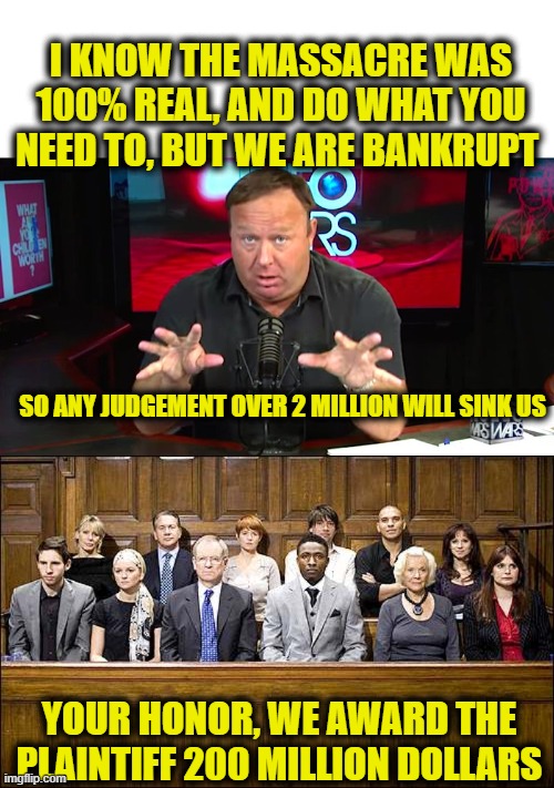 The liars, and idiots that believe them. | I KNOW THE MASSACRE WAS 100% REAL, AND DO WHAT YOU NEED TO, BUT WE ARE BANKRUPT; SO ANY JUDGEMENT OVER 2 MILLION WILL SINK US; YOUR HONOR, WE AWARD THE PLAINTIFF 200 MILLION DOLLARS | image tagged in alex jones,memes,politics,sandy hook,liar,maga | made w/ Imgflip meme maker