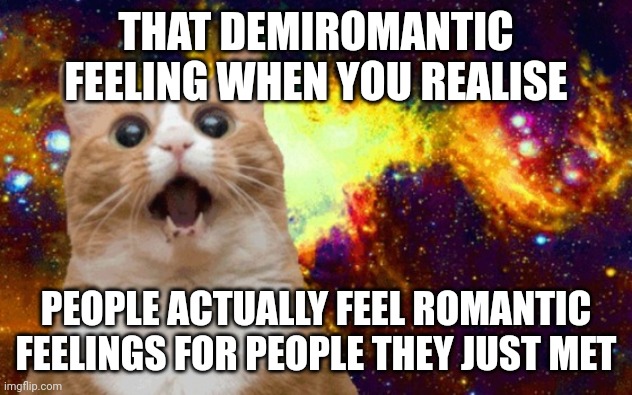 It takes me a few months to a few years to feel love for people | THAT DEMIROMANTIC FEELING WHEN YOU REALISE; PEOPLE ACTUALLY FEEL ROMANTIC FEELINGS FOR PEOPLE THEY JUST MET | image tagged in mind blown cat | made w/ Imgflip meme maker