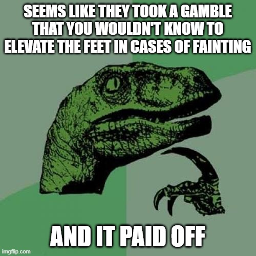 Philosoraptor Meme | SEEMS LIKE THEY TOOK A GAMBLE THAT YOU WOULDN'T KNOW TO ELEVATE THE FEET IN CASES OF FAINTING AND IT PAID OFF | image tagged in memes,philosoraptor | made w/ Imgflip meme maker