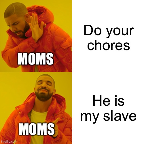 Expectations vs reality | Do your chores; MOMS; He is my slave; MOMS | image tagged in memes,drake hotline bling,expectation vs reality,moms,chores,slavery | made w/ Imgflip meme maker