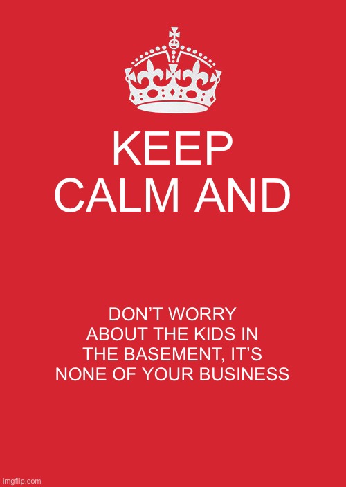 It’s for a good cause |  KEEP CALM AND; DON’T WORRY ABOUT THE KIDS IN THE BASEMENT, IT’S NONE OF YOUR BUSINESS | image tagged in memes,keep calm and carry on red | made w/ Imgflip meme maker