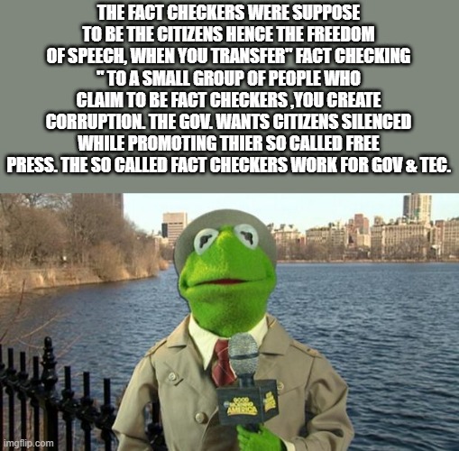 EVEN a frog knows whats going on. | THE FACT CHECKERS WERE SUPPOSE TO BE THE CITIZENS HENCE THE FREEDOM OF SPEECH, WHEN YOU TRANSFER" FACT CHECKING " TO A SMALL GROUP OF PEOPLE WHO CLAIM TO BE FACT CHECKERS ,YOU CREATE CORRUPTION. THE GOV. WANTS CITIZENS SILENCED WHILE PROMOTING THIER SO CALLED FREE PRESS. THE SO CALLED FACT CHECKERS WORK FOR GOV & TEC. | image tagged in kermit news report | made w/ Imgflip meme maker