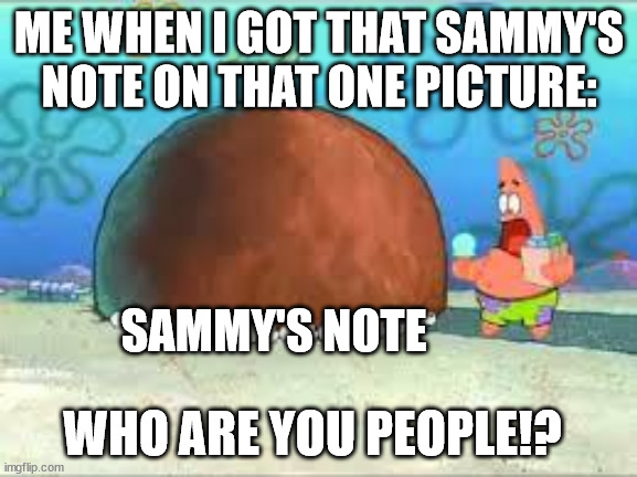 WHO ARE YOU PEOPLE? | ME WHEN I GOT THAT SAMMY'S NOTE ON THAT ONE PICTURE:; SAMMY'S NOTE; WHO ARE YOU PEOPLE!? | image tagged in who are you people | made w/ Imgflip meme maker