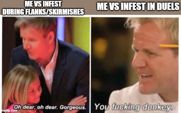 Oh dear, dear gorgeus | ME VS INFEST DURING FLANKS/SKIRMISHES; ME VS INFEST IN DUELS | image tagged in oh dear dear gorgeus | made w/ Imgflip meme maker