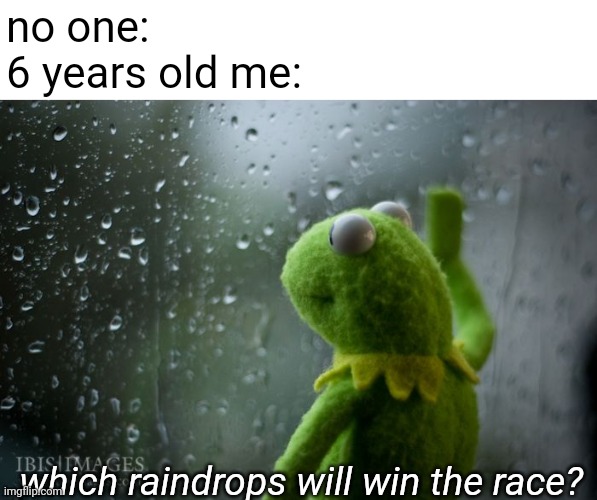 kermit window | no one:
6 years old me:; which raindrops will win the race? | image tagged in kermit window,memes,true story | made w/ Imgflip meme maker