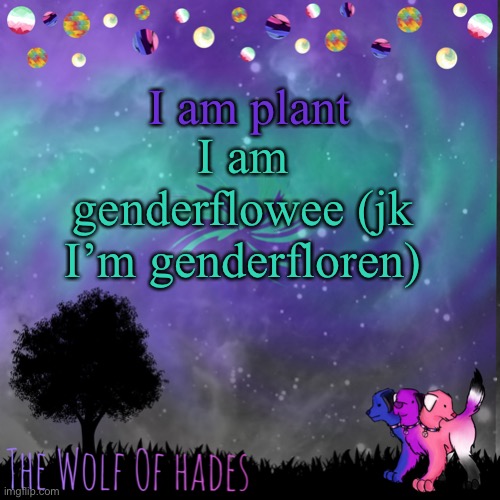 TheWolfOfHades announces crap V.694201723696969 | I am plant; I am genderflowee (jk I’m genderfloren) | image tagged in thewolfofhades announces crap v 694201723696969 | made w/ Imgflip meme maker