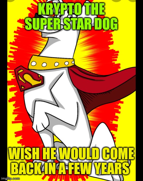 Krypto our super star hero | KRYPTO THE SUPER STAR DOG; WISH HE WOULD COME BACK IN A FEW YEARS | image tagged in funny memes | made w/ Imgflip meme maker