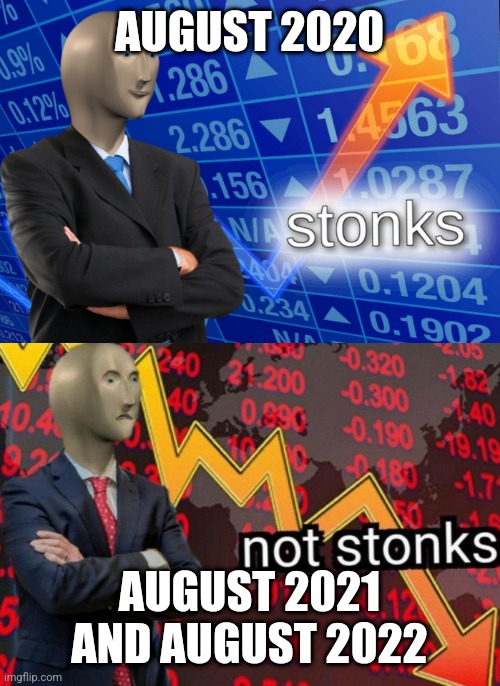 Stonks not stonks |  AUGUST 2020; AUGUST 2021 AND AUGUST 2022 | image tagged in stonks not stonks | made w/ Imgflip meme maker