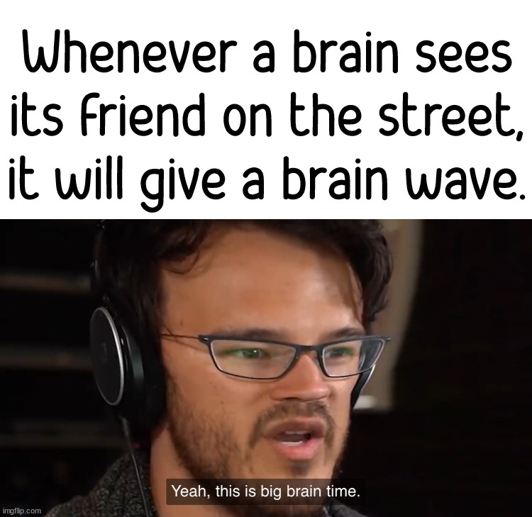 Yeah, this is big brain time | Whenever a brain sees its friend on the street, it will give a brain wave. | image tagged in yeah this is big brain time,eye roll | made w/ Imgflip meme maker