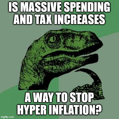 Philosoraptor Meme | IS MASSIVE SPENDING AND TAX INCREASES A WAY TO STOP HYPER INFLATION? | image tagged in memes,philosoraptor | made w/ Imgflip meme maker