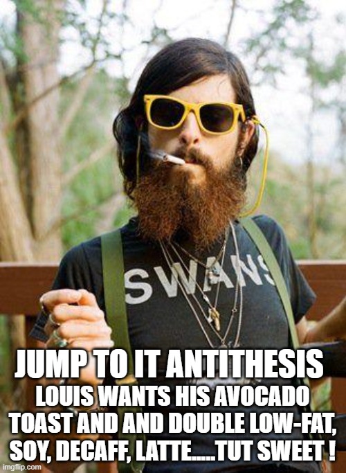 hipster | JUMP TO IT ANTITHESIS LOUIS WANTS HIS AVOCADO TOAST AND AND DOUBLE LOW-FAT, SOY, DECAFF, LATTE.....TUT SWEET ! | image tagged in hipster | made w/ Imgflip meme maker