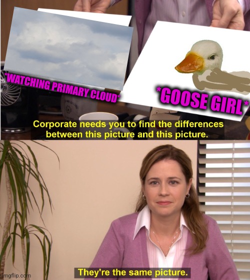 -On the farm. Remembering. | *WATCHING PRIMARY CLOUD*; *GOOSE GIRL* | image tagged in memes,they're the same picture,goose,head,totally looks like,soundcloud | made w/ Imgflip meme maker