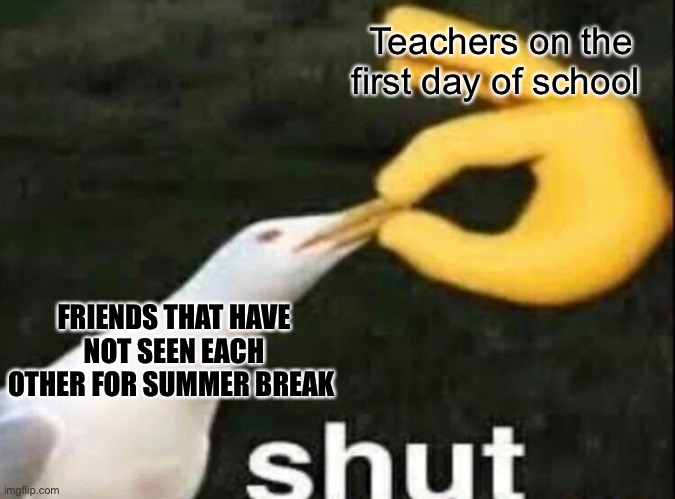 I wanna talk with my friend that i have not seen since the last day of school of last year | Teachers on the first day of school; FRIENDS THAT HAVE NOT SEEN EACH OTHER FOR SUMMER BREAK | image tagged in shut,mmmmmmmmmmmmmmmmmmmmmm,change my mind | made w/ Imgflip meme maker