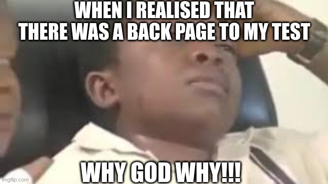 WHYYYYY | WHEN I REALISED THAT THERE WAS A BACK PAGE TO MY TEST; WHY GOD WHY!!! | image tagged in funny memes,memes | made w/ Imgflip meme maker