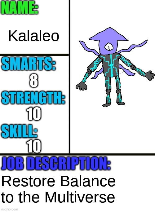 He's more of an Anti-Hero but I think he still counts | Kalaleo; 8; 10; 10; Restore Balance to the Multiverse | image tagged in antiboss-heroes template | made w/ Imgflip meme maker